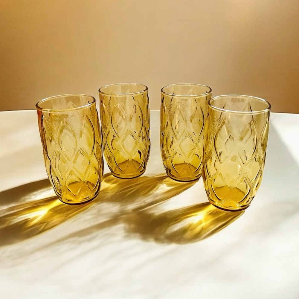 4 Vintage Anchor Hocking Diamond quilt honey Amber Glass Tumblers